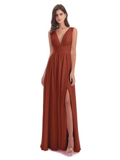 Rust Bridesmaid Dress A Line Floor Length V Neck Chiffon Bridesmaid Dresses with Slit