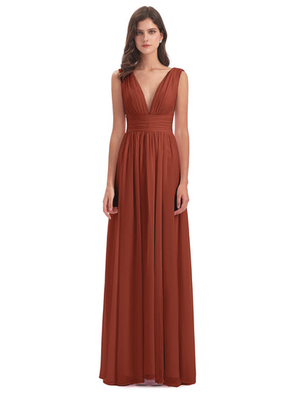 Rust Bridesmaid Dress A Line Floor Length V Neck Chiffon Bridesmaid Dresses with Slit