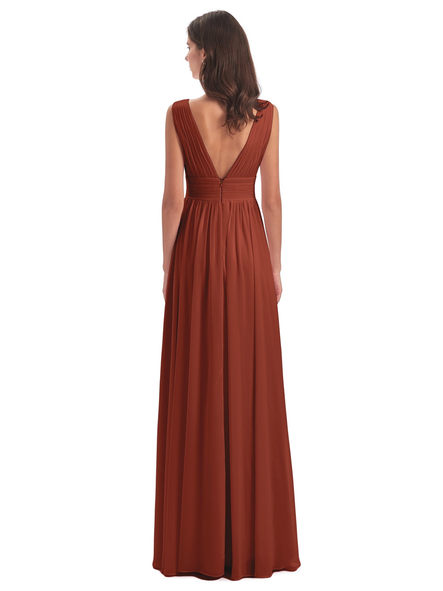 Rust Bridesmaid Dress A Line Floor Length V Neck Chiffon Bridesmaid Dresses with Slit
