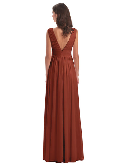 Rust Bridesmaid Dress A Line Floor Length V Neck Chiffon Bridesmaid Dresses with Slit