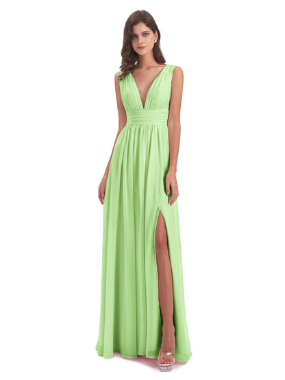 Emma Floor Length V Neck Split Chiffon Bridesmaid Dresses