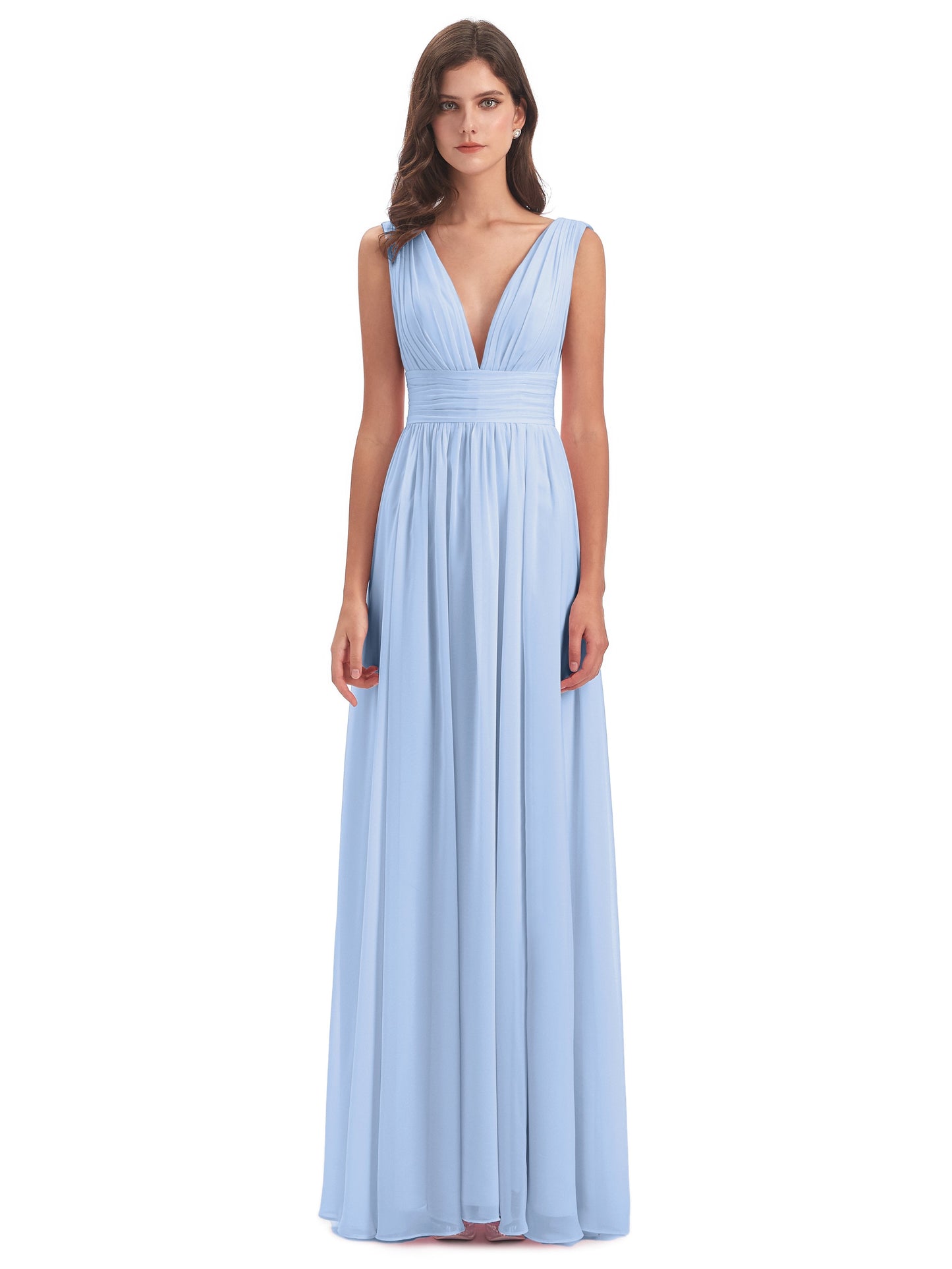 Sky Blue Bridesmaid Dress A Line Floor Length V Neck Chiffon Bridesmaid Dresses with Slit