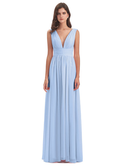 Sky Blue Bridesmaid Dress A Line Floor Length V Neck Chiffon Bridesmaid Dresses with Slit