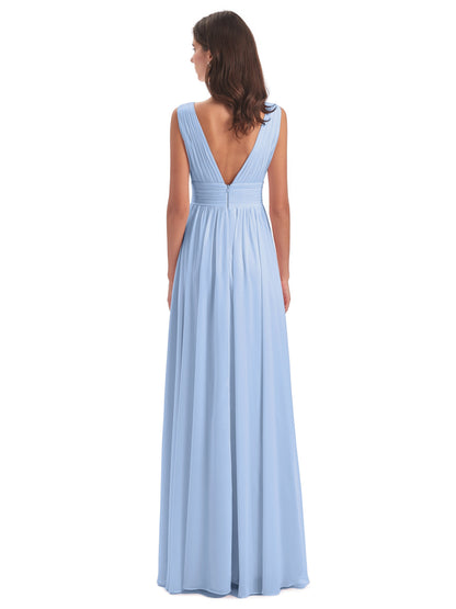 Sky Blue Bridesmaid Dress A Line Floor Length V Neck Chiffon Bridesmaid Dresses with Slit