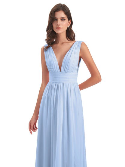 Emma Floor Length V Neck Split Chiffon Bridesmaid Dresses