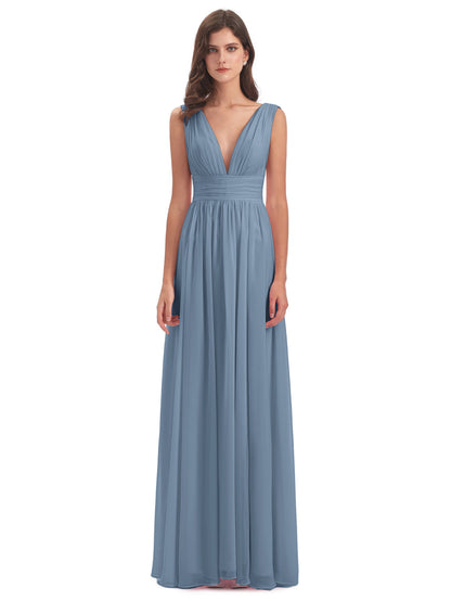 Emma Floor Length V Neck Split Chiffon Bridesmaid Dresses