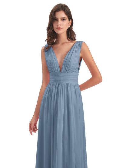 Emma Floor Length V Neck Split Chiffon Bridesmaid Dresses
