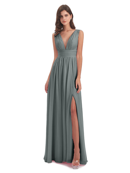 Emma Floor Length V Neck Split Chiffon Bridesmaid Dresses
