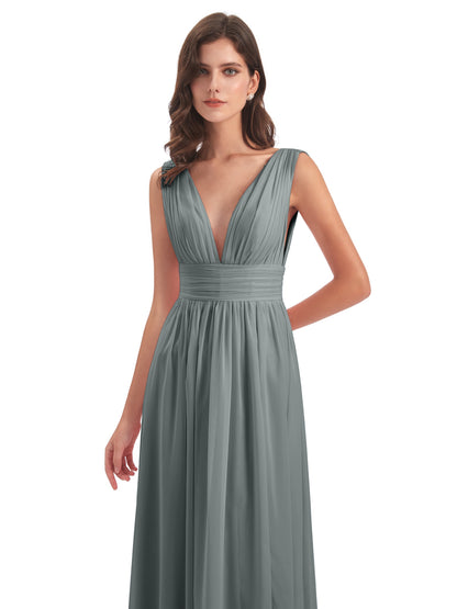 Emma Floor Length V Neck Split Chiffon Bridesmaid Dresses