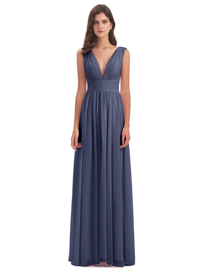 Emma Floor Length V Neck Split Chiffon Bridesmaid Dresses