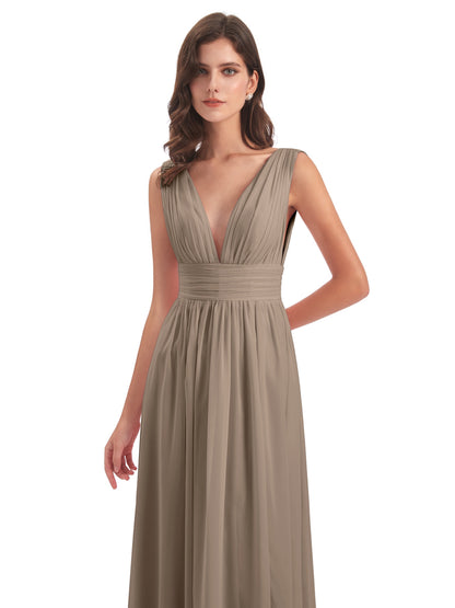 Emma Floor Length V Neck Split Chiffon Bridesmaid Dresses