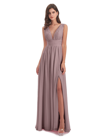 Emma Floor Length V Neck Split Chiffon Bridesmaid Dresses