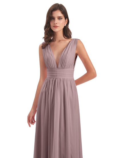 Emma Floor Length V Neck Split Chiffon Bridesmaid Dresses
