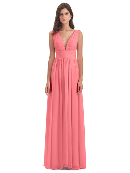 Emma Floor Length V Neck Split Chiffon Bridesmaid Dresses