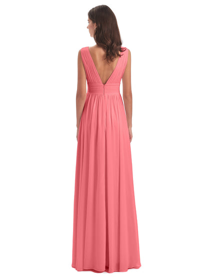 Emma Floor Length V Neck Split Chiffon Bridesmaid Dresses