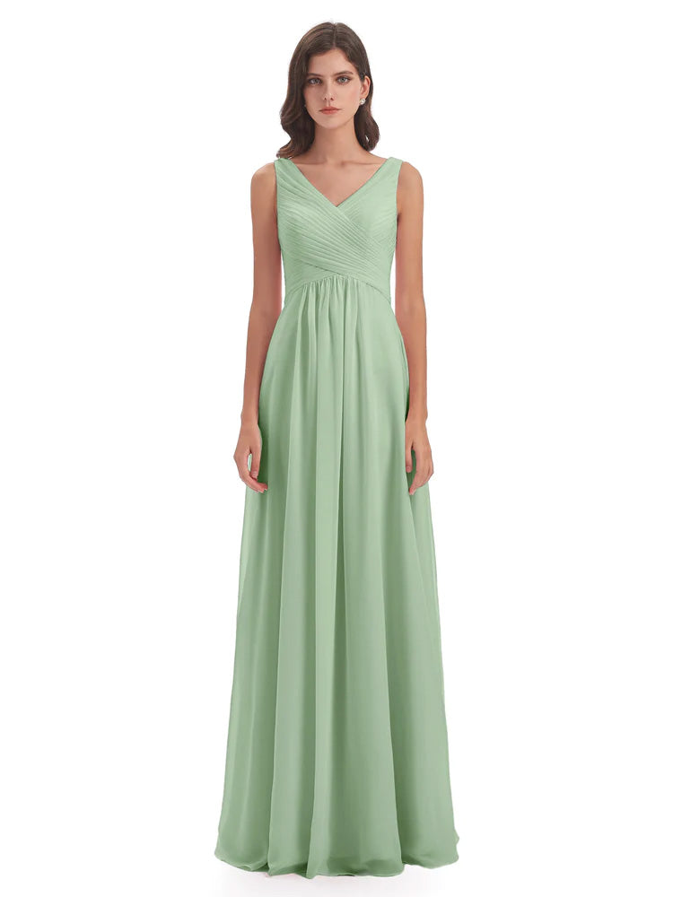 Evalyn V-neck Straps Chiffon Long Bridesmaid Dresses