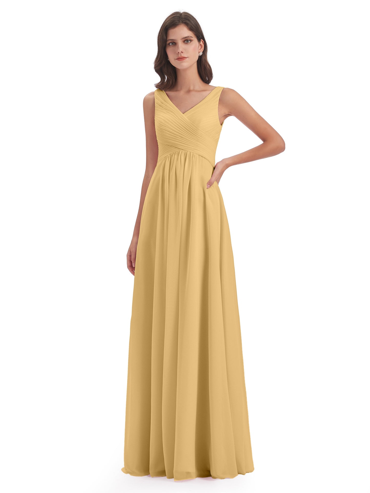 Evalyn V-neck Straps Chiffon Long Bridesmaid Dresses