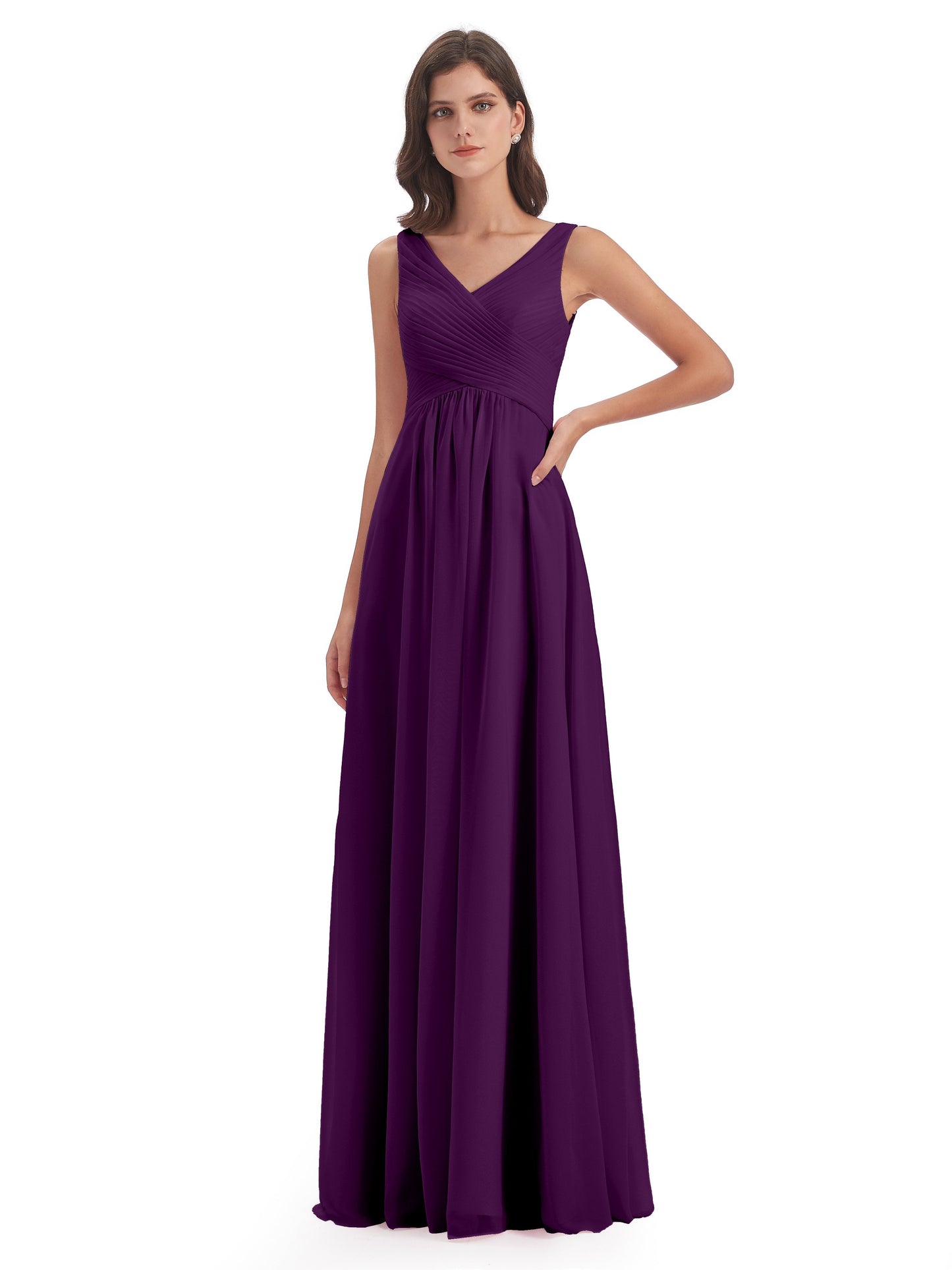 Evalyn V-neck Straps Chiffon Long Bridesmaid Dresses