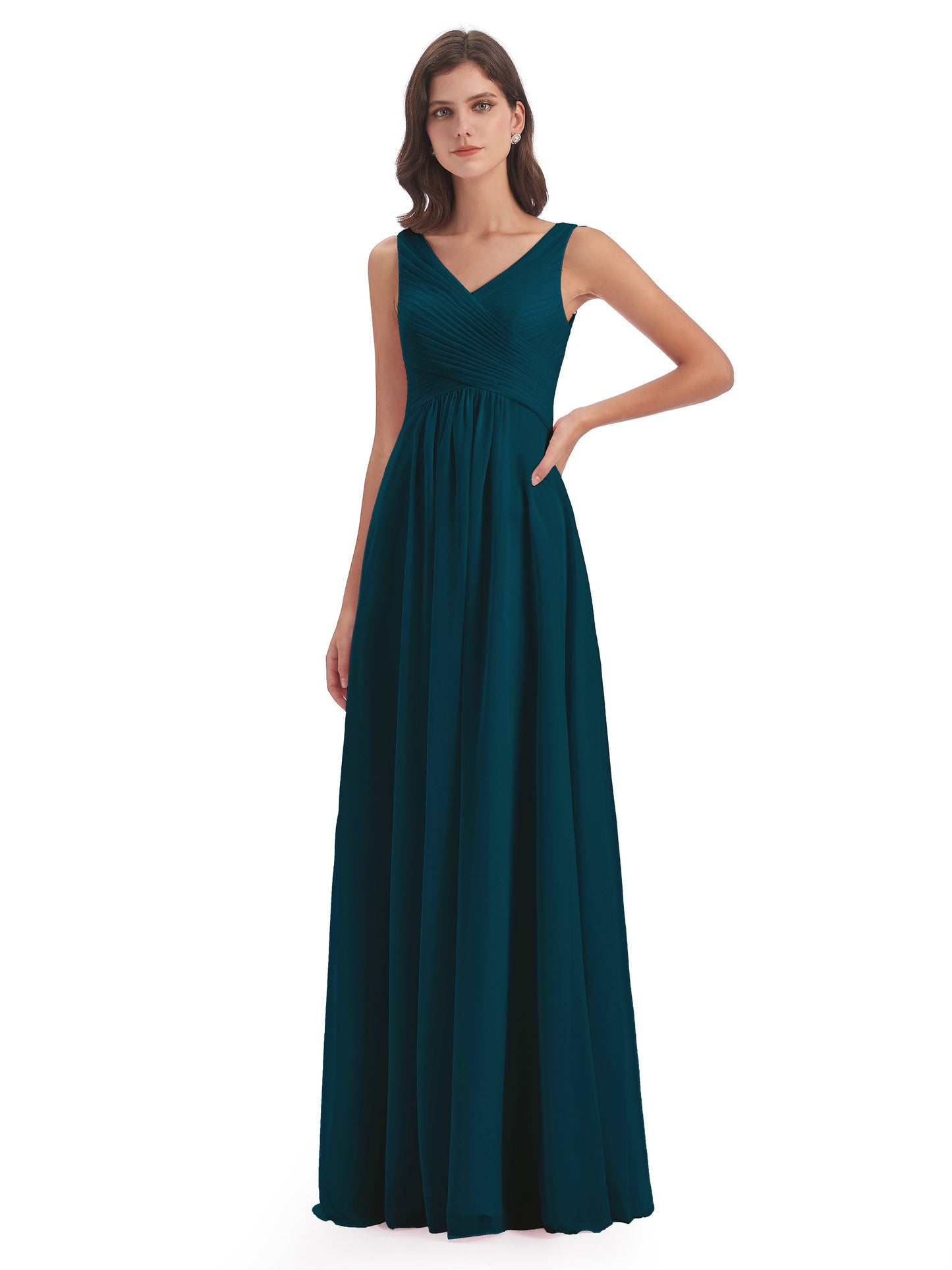 Evalyn V-neck Straps Chiffon Long Bridesmaid Dresses