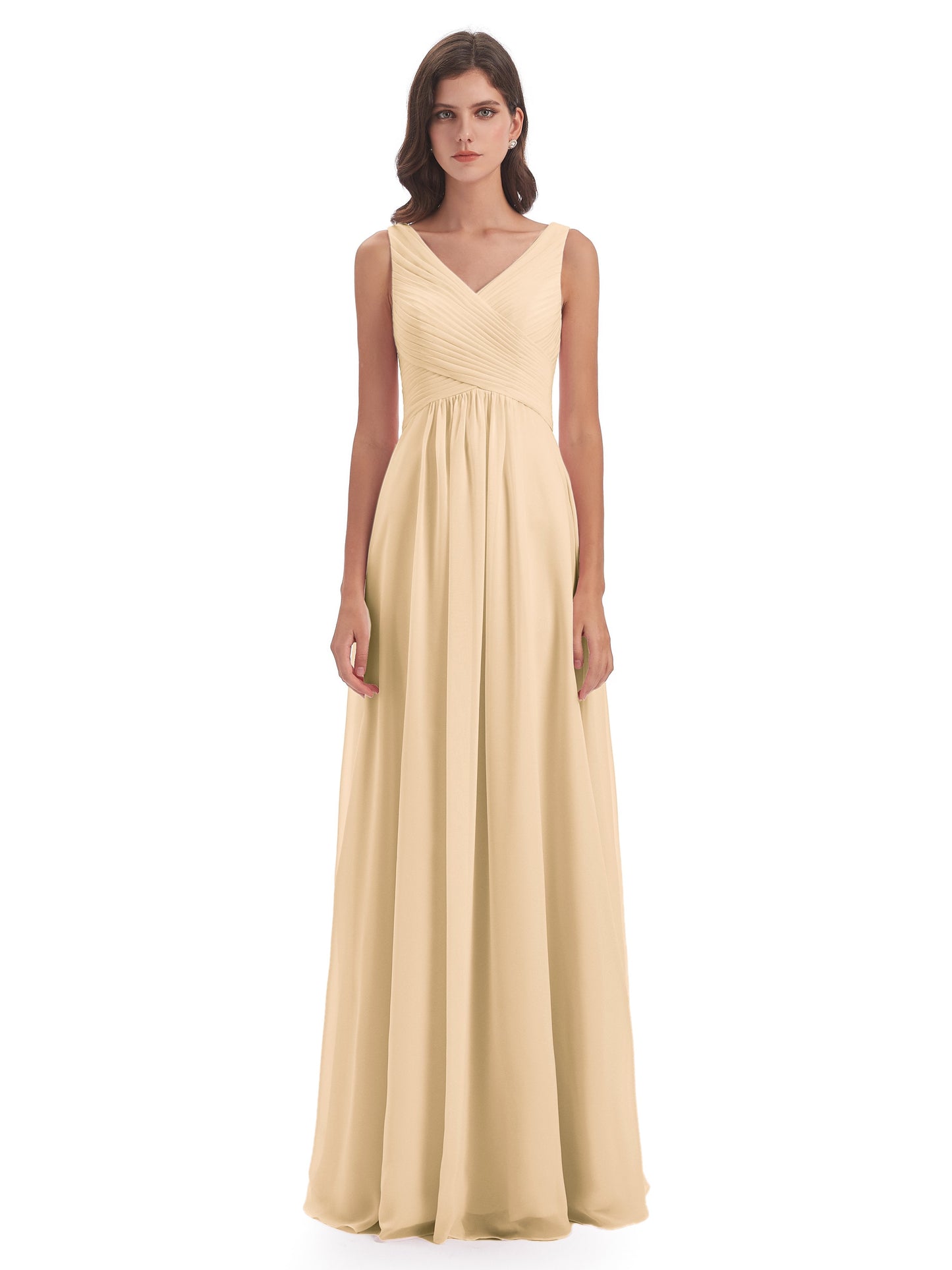 Evalyn V-neck Straps Chiffon Long Bridesmaid Dresses