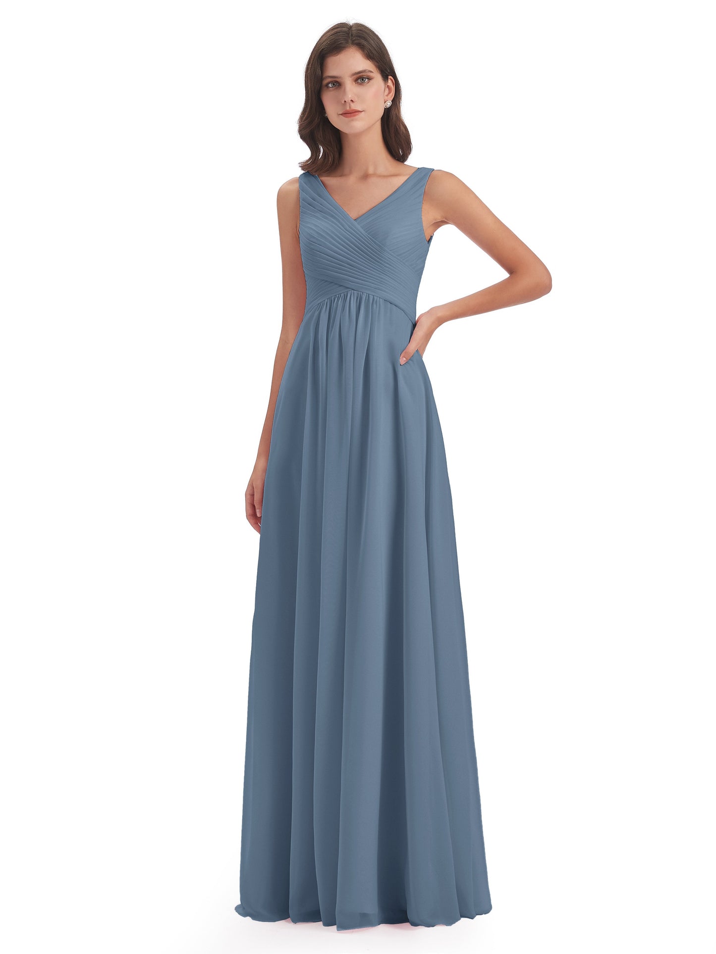 Evalyn V-neck Straps Chiffon Long Bridesmaid Dresses