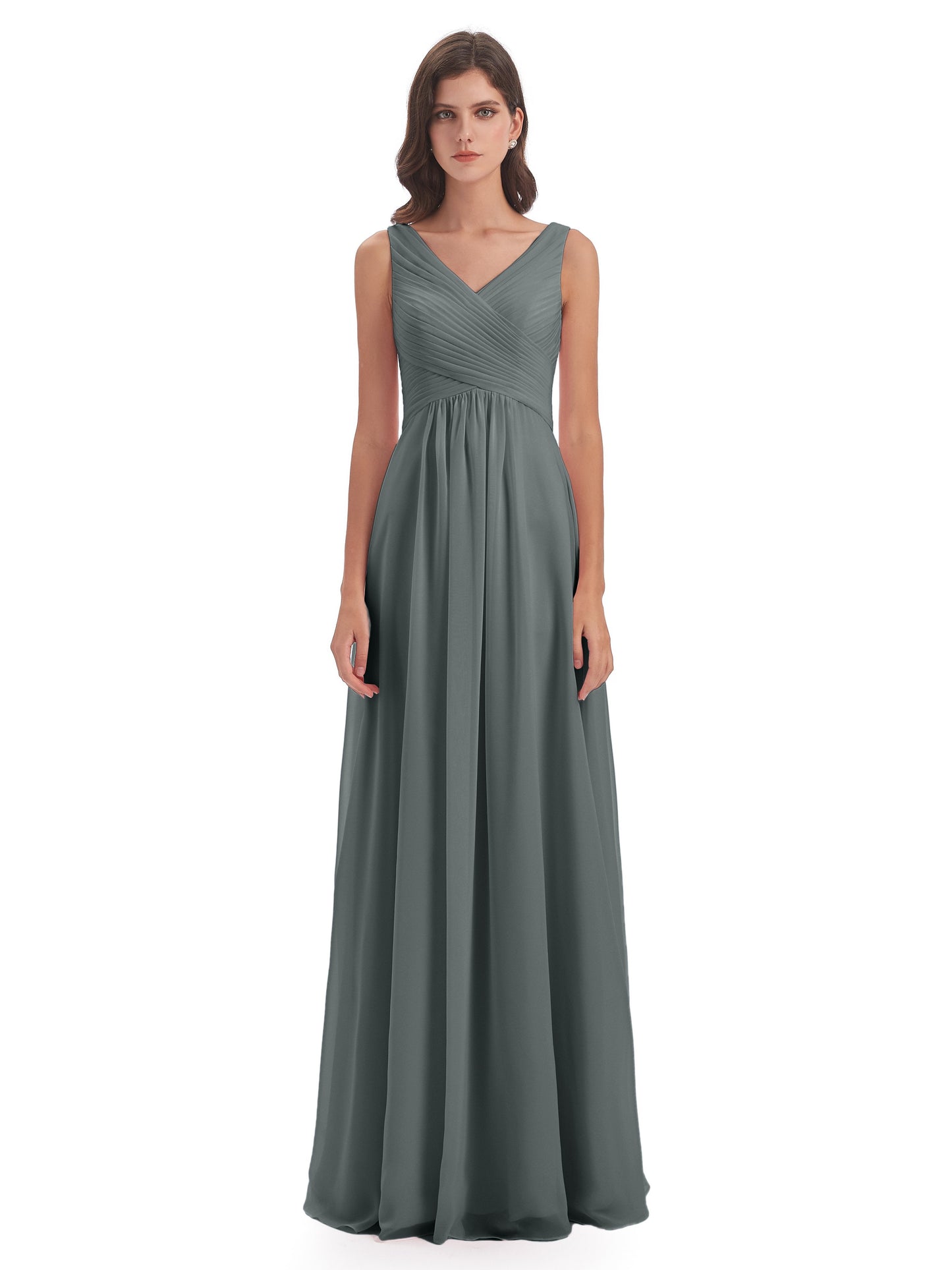 Evalyn V-neck Straps Chiffon Long Bridesmaid Dresses