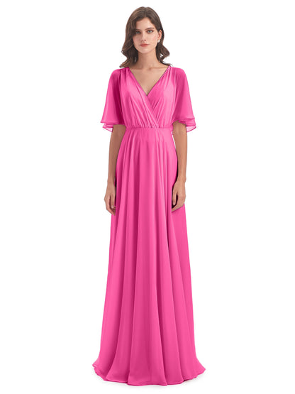 Hazel V-Neck Short Sleeves Chiffon Long Bridesmaid Dresses
