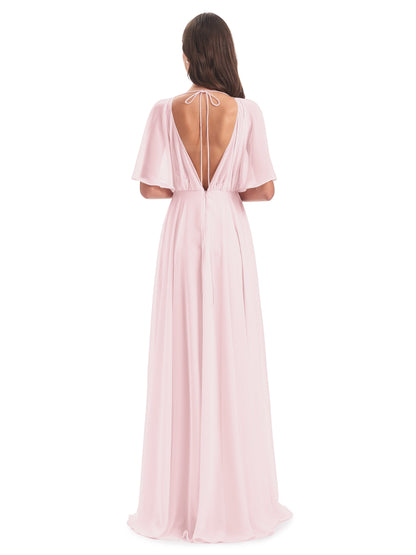 Hazel V-Neck Short Sleeves Chiffon Long Bridesmaid Dresses