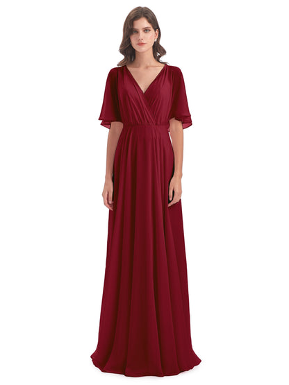Hazel V-Neck Short Sleeves Chiffon Long Bridesmaid Dresses