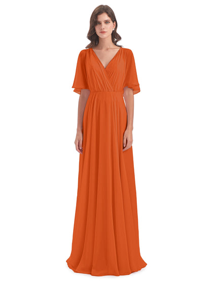 Hazel V-Neck Short Sleeves Chiffon Long Bridesmaid Dresses