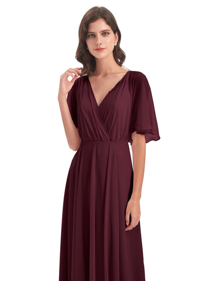 Hazel V-Neck Short Sleeves Chiffon Long Bridesmaid Dresses