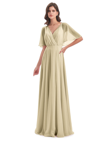 Hazel V-Neck Short Sleeves Chiffon Long Bridesmaid Dresses