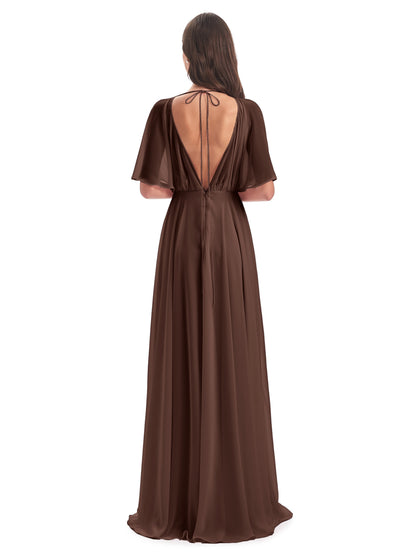 Hazel V-Neck Short Sleeves Chiffon Long Bridesmaid Dresses