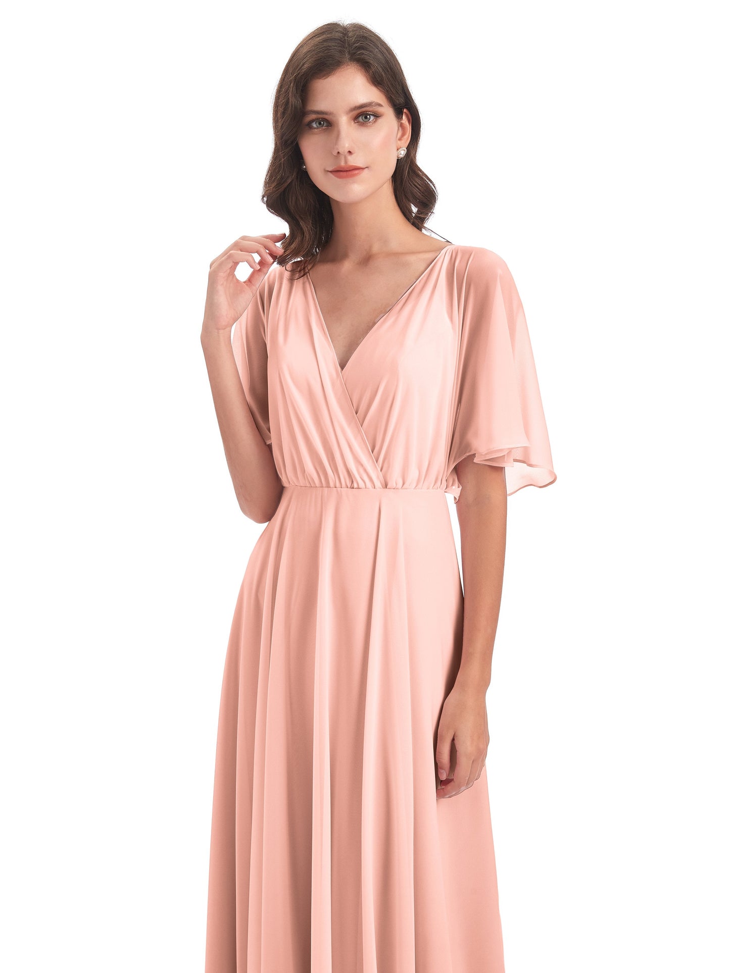 Hazel V-Neck Short Sleeves Chiffon Long Bridesmaid Dresses