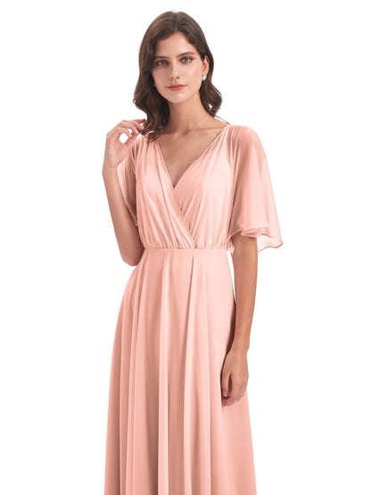 Hazel V-Neck Short Sleeves Chiffon Long Bridesmaid Dresses