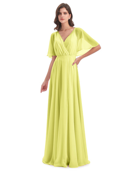 Hazel V-Neck Short Sleeves Chiffon Long Bridesmaid Dresses