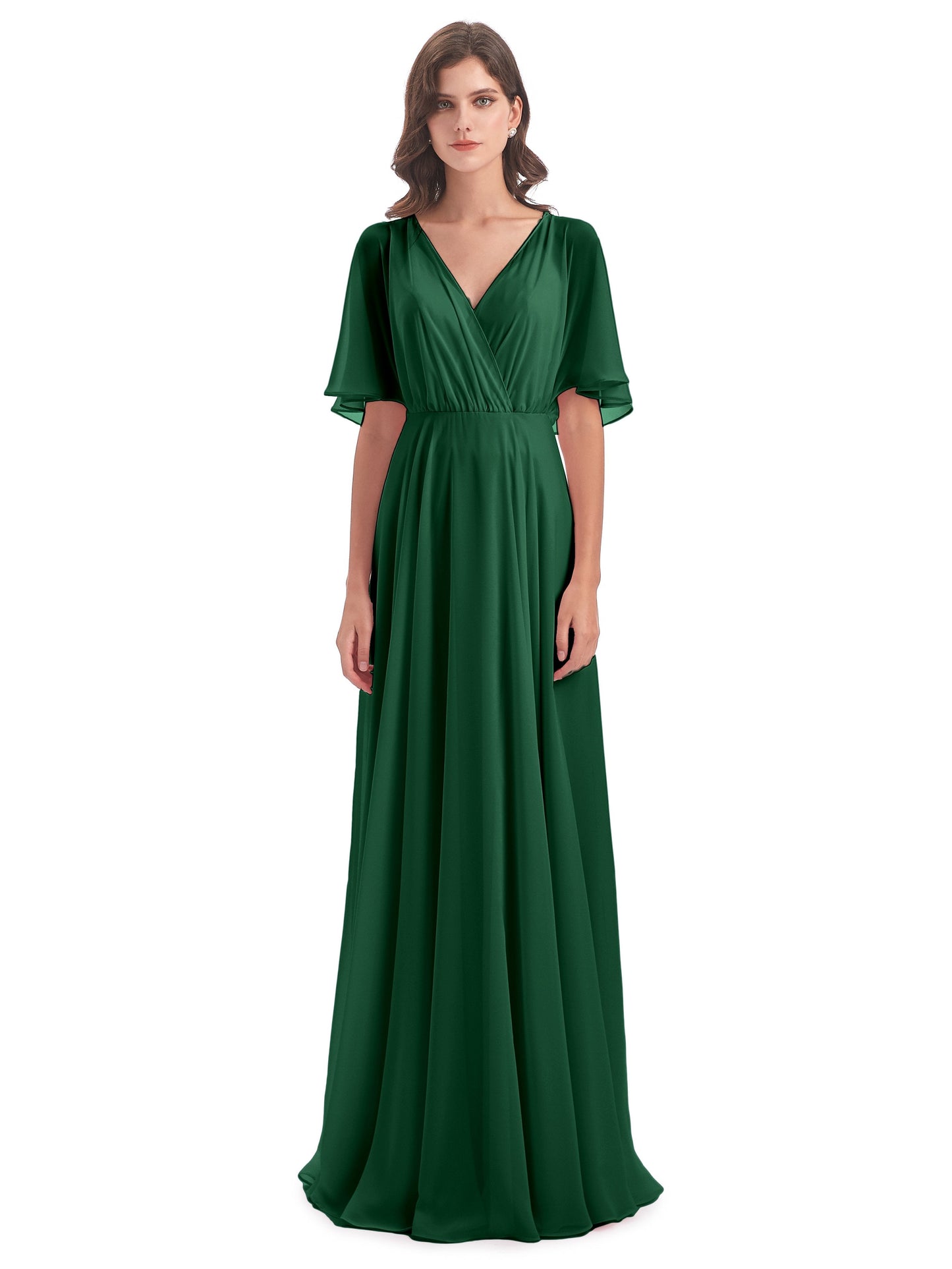 Hazel V-Neck Short Sleeves Chiffon Long Bridesmaid Dresses