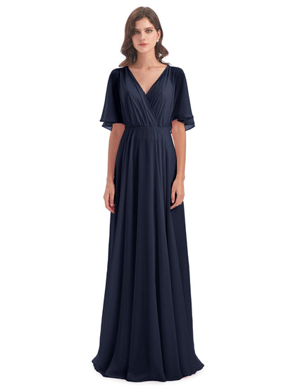 Hazel V-Neck Short Sleeves Chiffon Long Bridesmaid Dresses