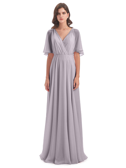 Hazel V-Neck Short Sleeves Chiffon Long Bridesmaid Dresses