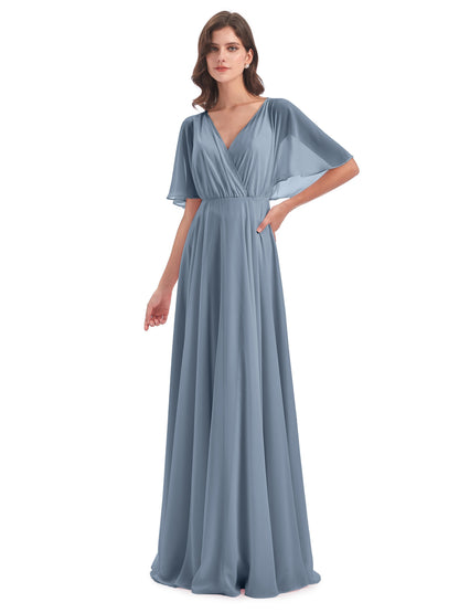 Hazel V-Neck Short Sleeves Chiffon Long Bridesmaid Dresses