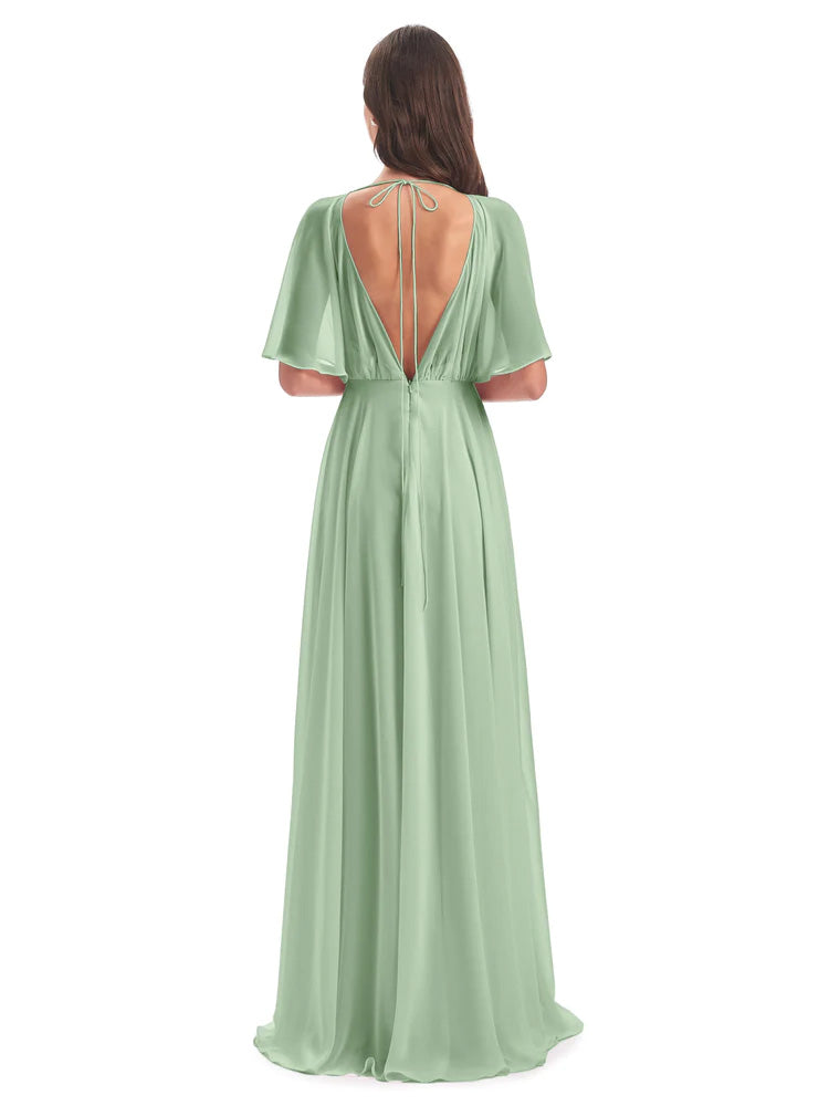 Hazel V-Neck Short Sleeves Chiffon Long Bridesmaid Dresses