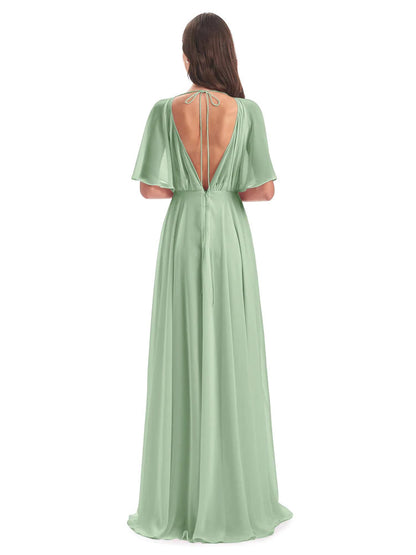 Hazel V-Neck Short Sleeves Chiffon Long Bridesmaid Dresses