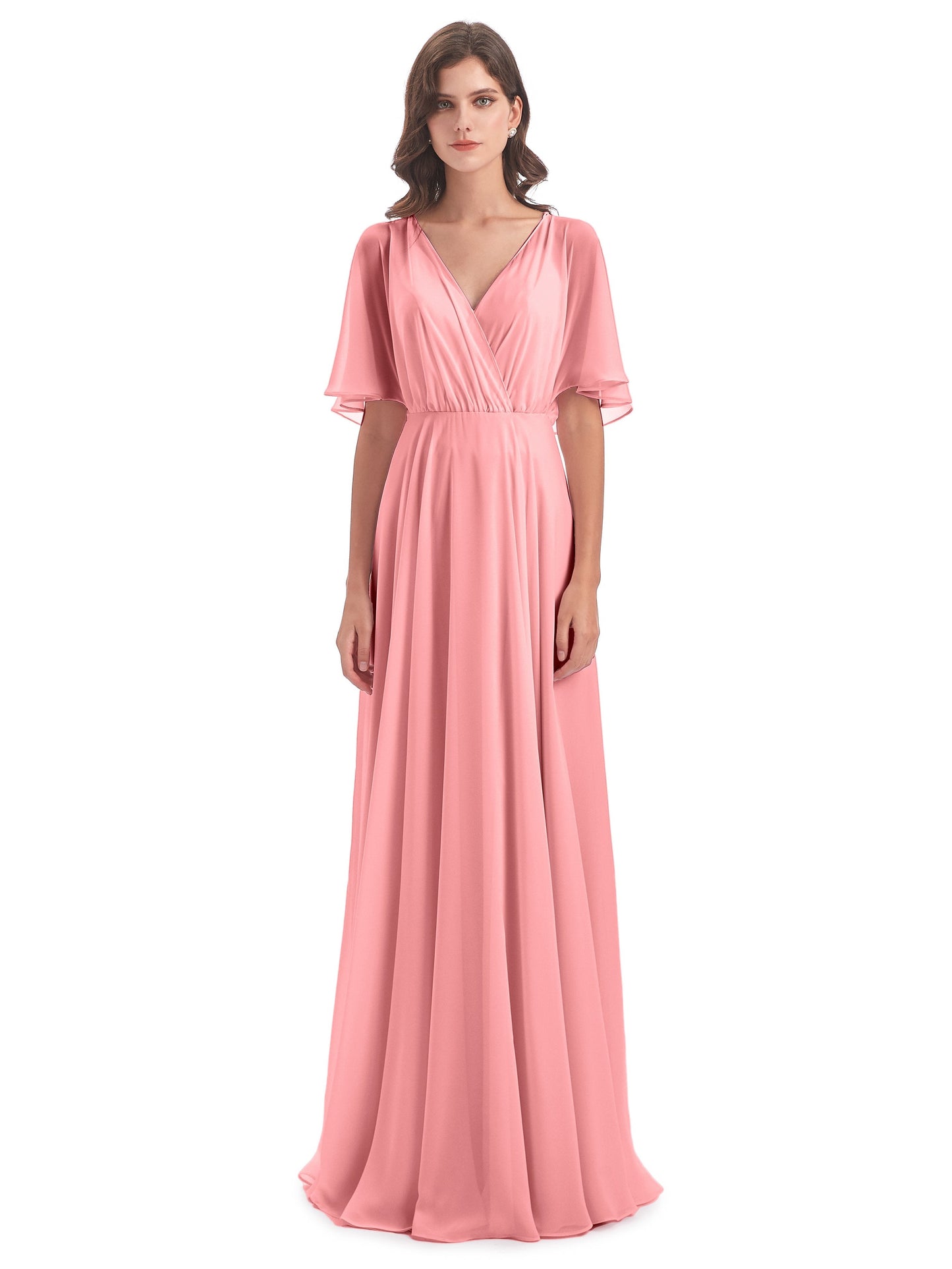 Hazel V-Neck Short Sleeves Chiffon Long Bridesmaid Dresses