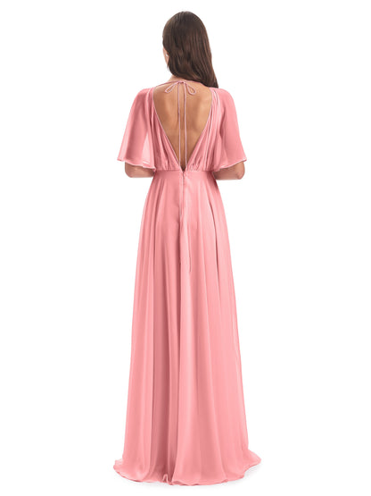 Hazel V-Neck Short Sleeves Chiffon Long Bridesmaid Dresses