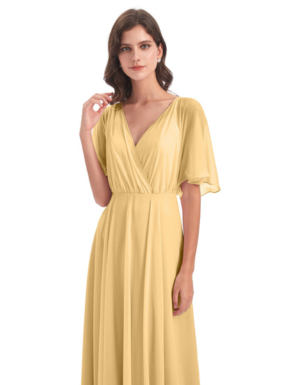 Hazel V-Neck Short Sleeves Chiffon Long Bridesmaid Dresses