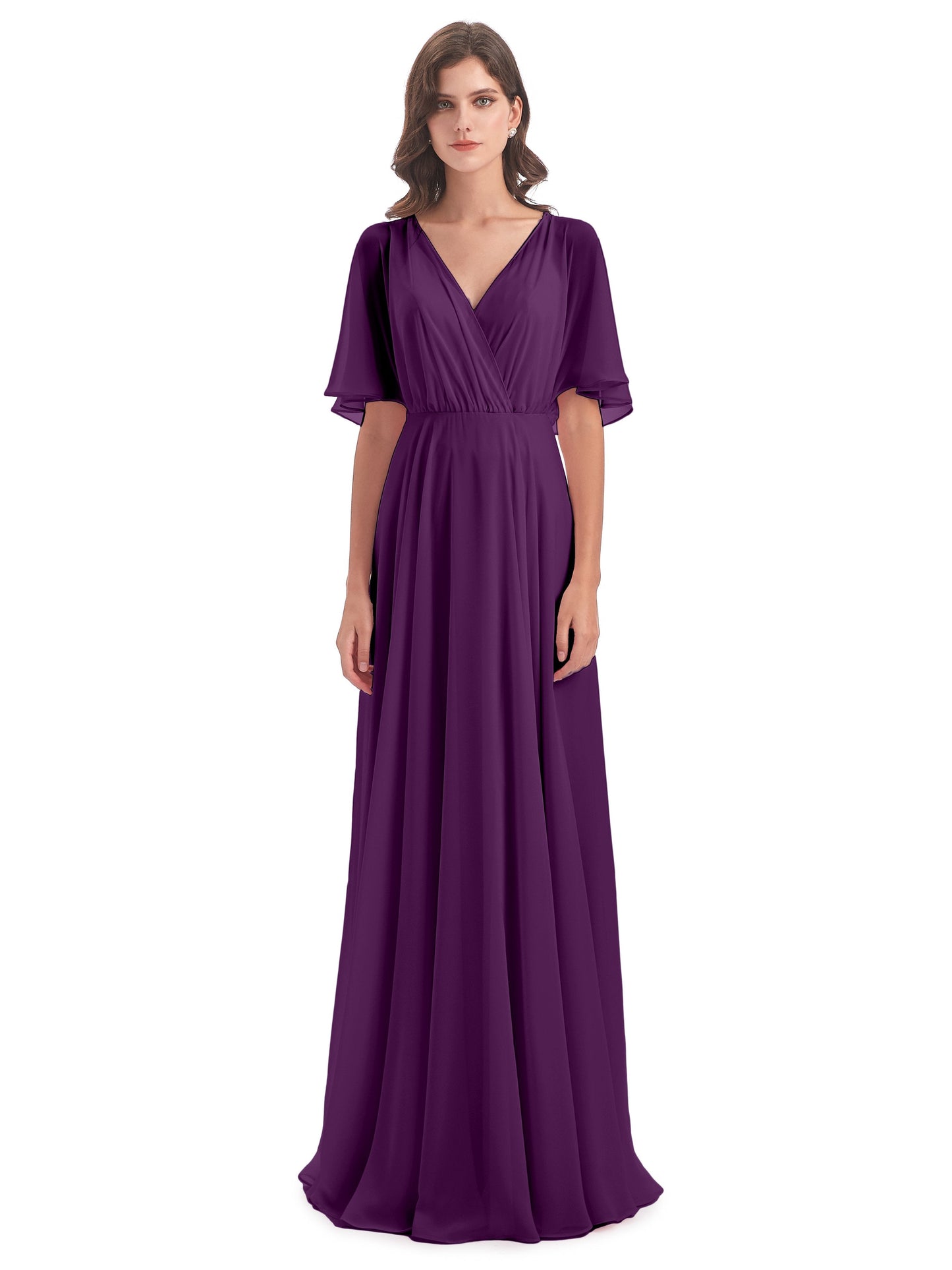 Hazel V-Neck Short Sleeves Chiffon Long Bridesmaid Dresses