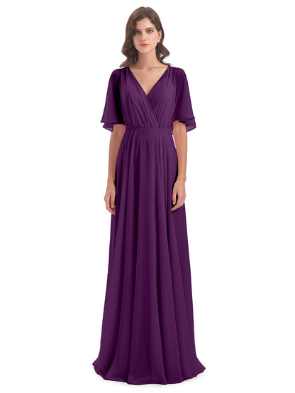 Hazel V-Neck Short Sleeves Chiffon Long Bridesmaid Dresses