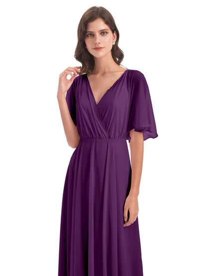 Hazel V-Neck Short Sleeves Chiffon Long Bridesmaid Dresses