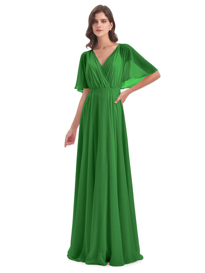 Hazel V-Neck Short Sleeves Chiffon Long Bridesmaid Dresses
