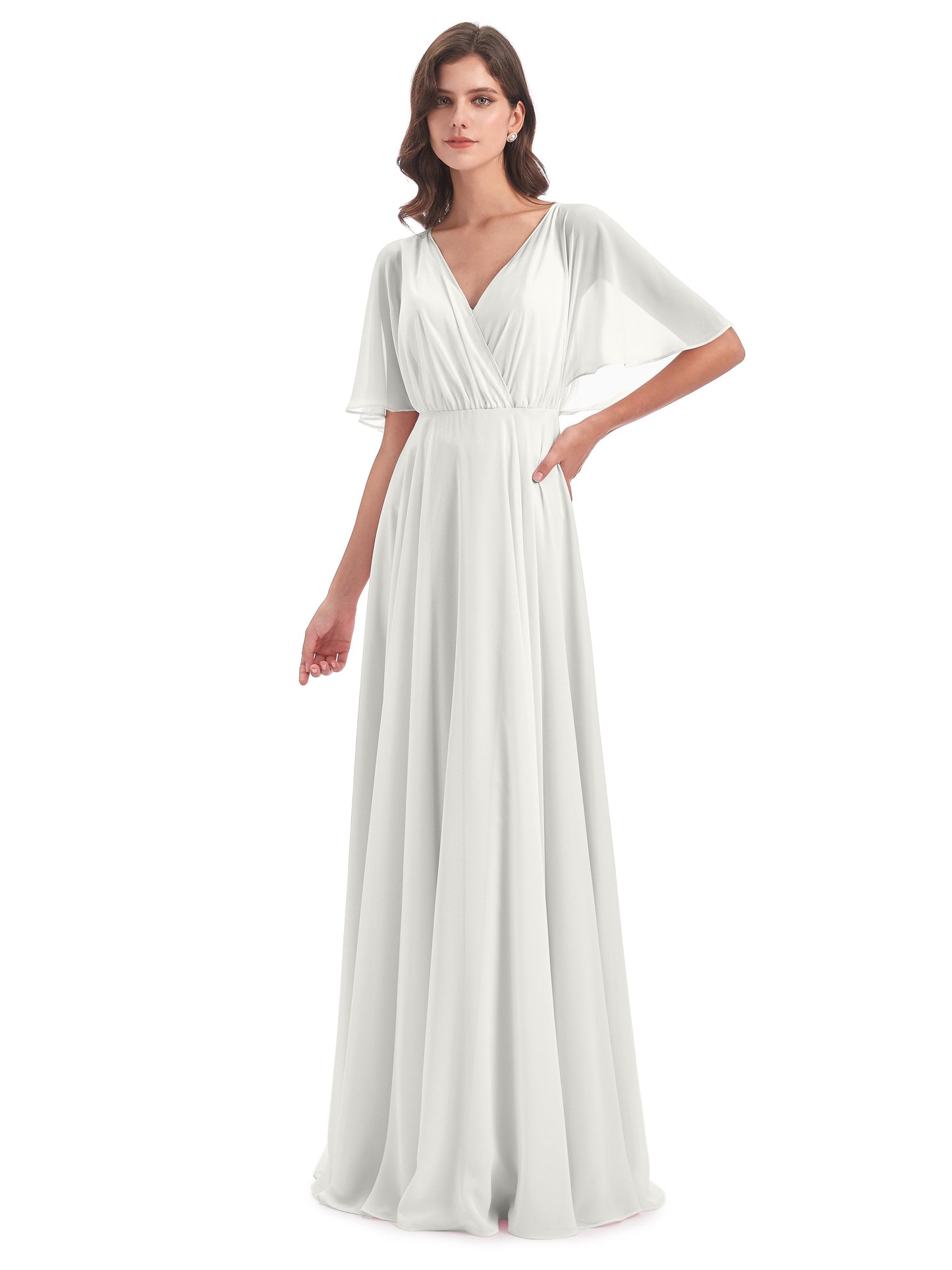 Hazel V-Neck Short Sleeves Chiffon Long Bridesmaid Dresses